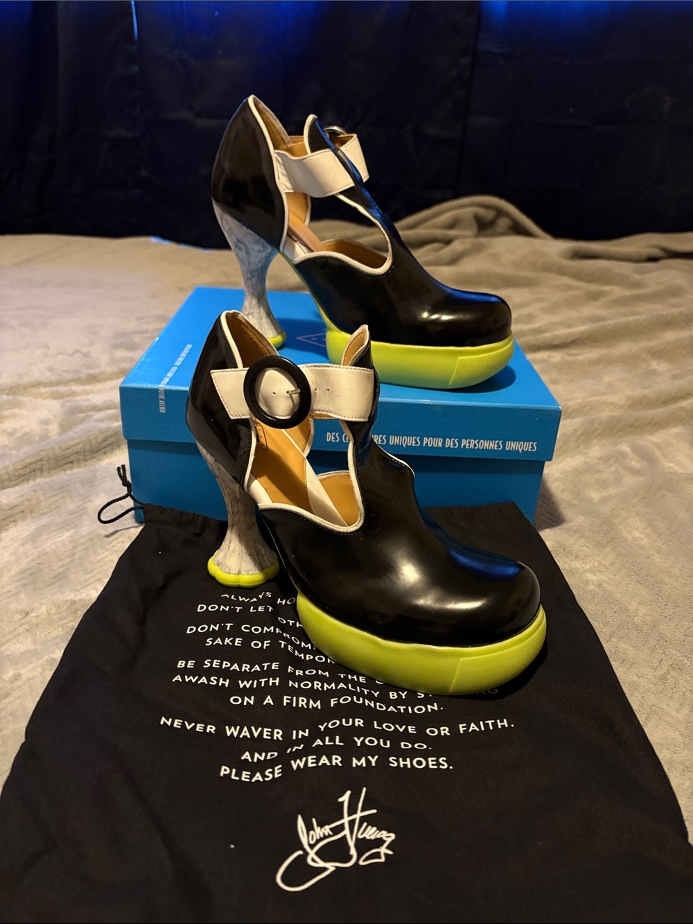 Fluevog Luxury Freeze T-Strap Platform - Hana Banana Split Black and White
